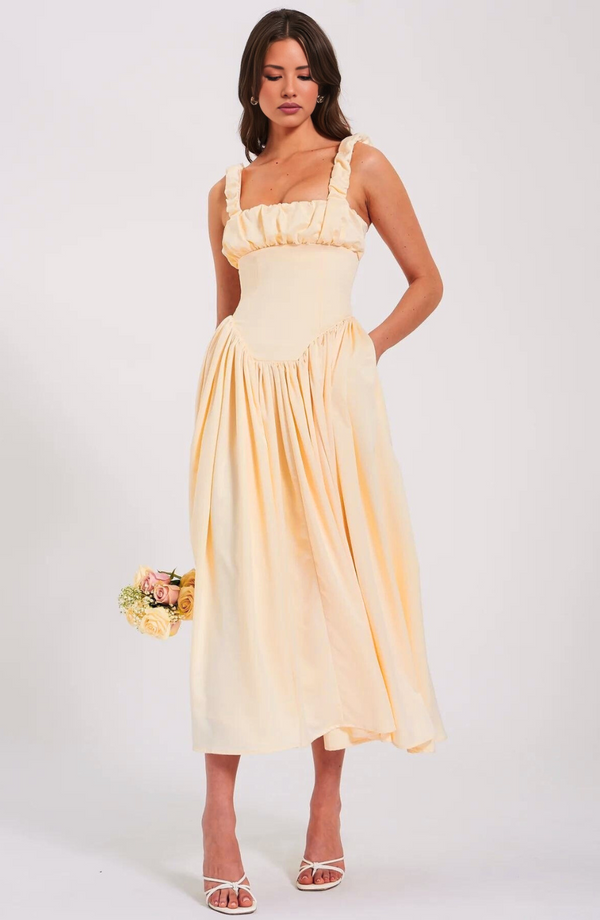 Pleated Strap Puffy Maxi Dress