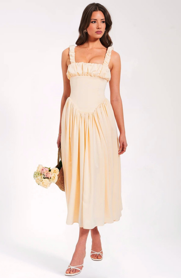 Pleated Strap Puffy Maxi Dress