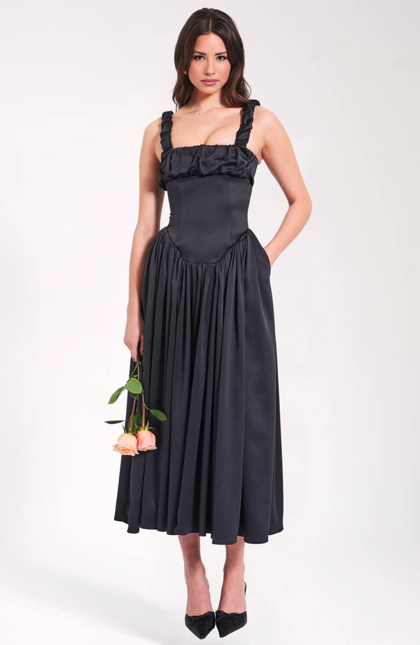 Pleated Strap Puffy Maxi Dress