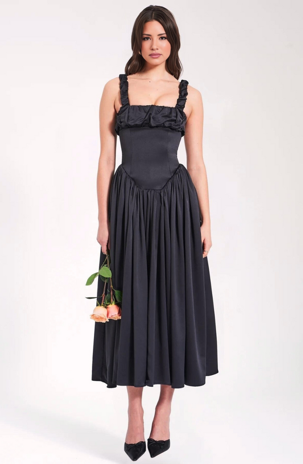 Pleated Strap Puffy Maxi Dress