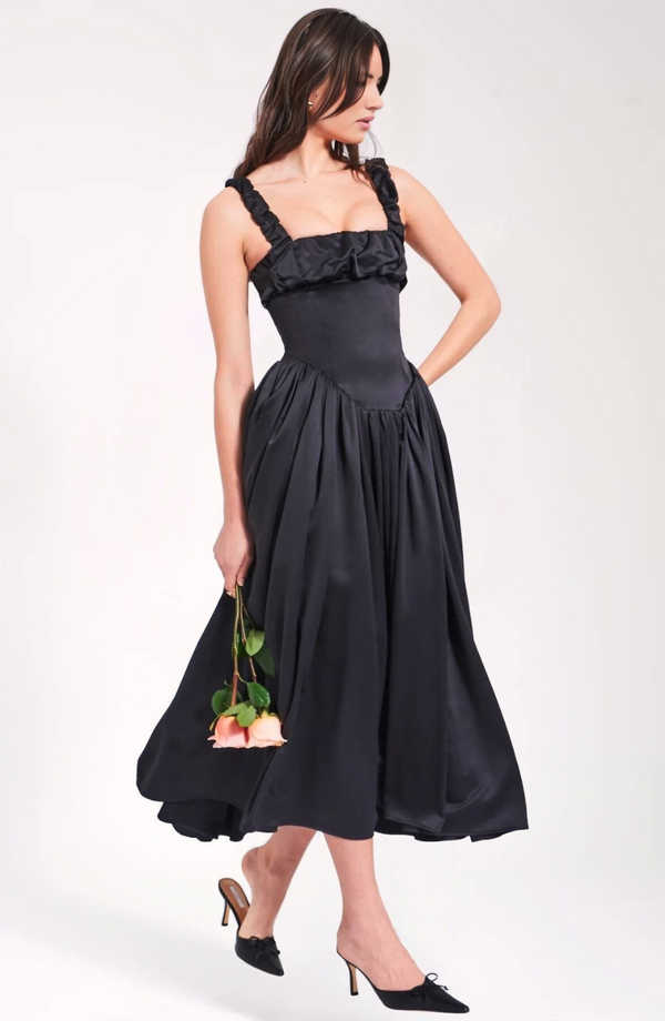 Pleated Strap Puffy Maxi Dress