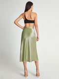 High Waisted Satin Flowy Midi Skirt