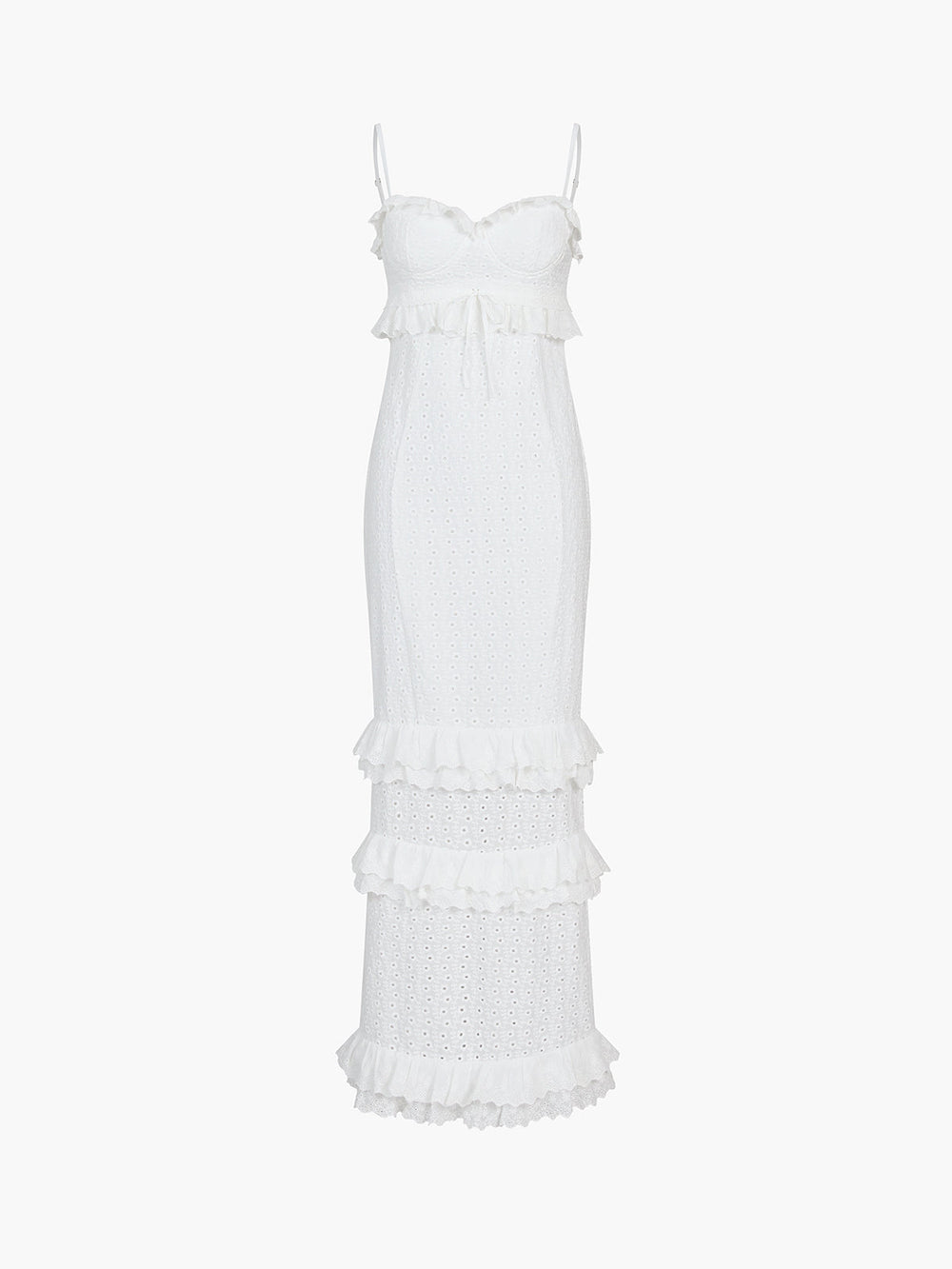 Cup Detail Layered Ruffle Eyelet Long Dress