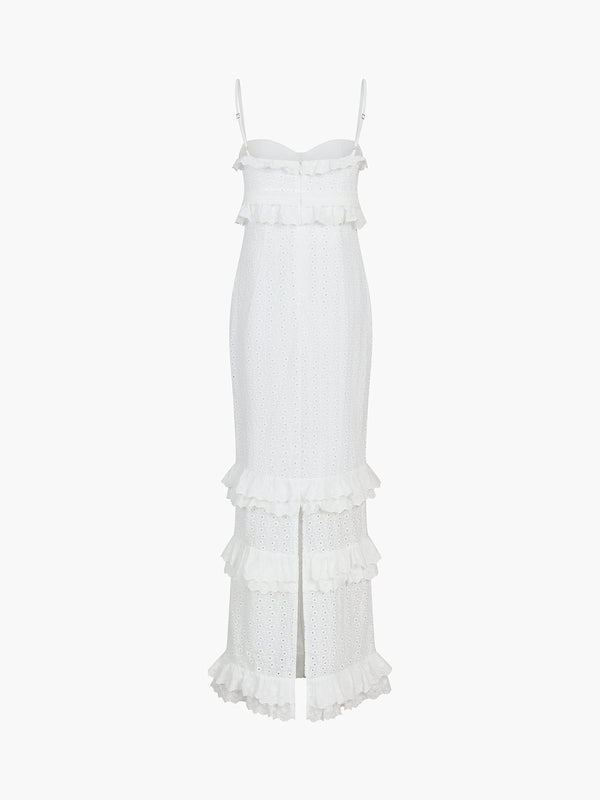 Cup Detail Layered Ruffle Eyelet Long Dress