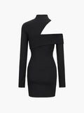 Mock Neck Oblique Cutout Rib Long Sleeve Short Dress