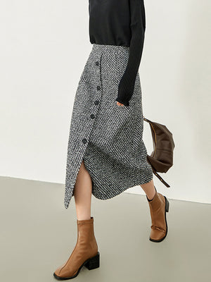 Button Down Tweed Boucle Maxi Skirt