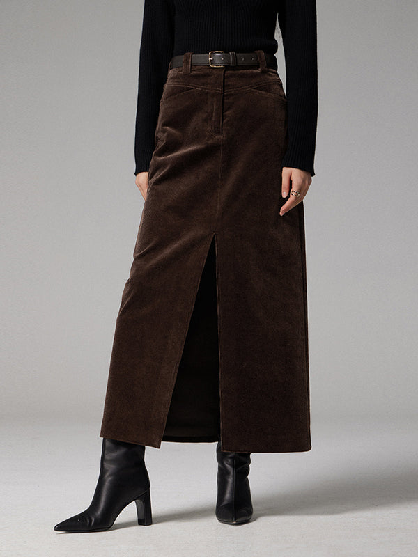 Pockets Corduroy Slit Maxi Skirt