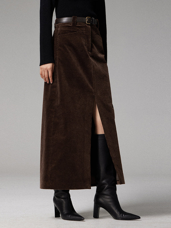 Pockets Corduroy Slit Maxi Skirt