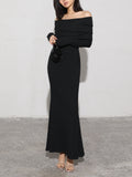 Charcoal Off Shoulder Overfold Long Sleeve Long Dress