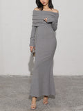 Charcoal Off Shoulder Overfold Long Sleeve Long Dress