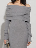 Charcoal Off Shoulder Overfold Long Sleeve Long Dress