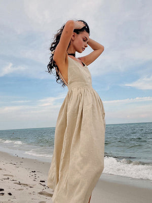 Cotton & Linen Backless Long Dress