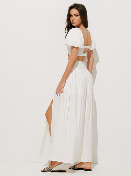 Puff Sleeve Crop Top With Split Thigh Skirt Set