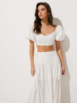 Puff Sleeve Crop Top With Split Thigh Skirt Set