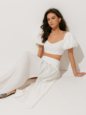 Puff Sleeve Crop Top With Split Thigh Skirt Set