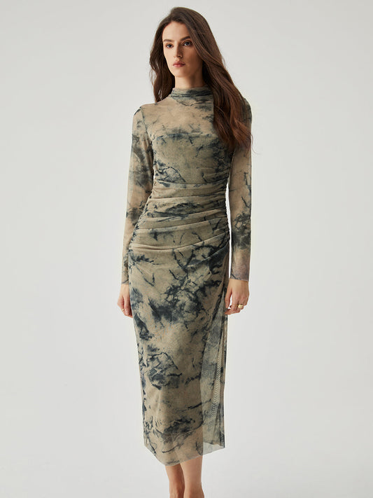 Mesh Floral Print Ruched Long Sleeve Long Dress