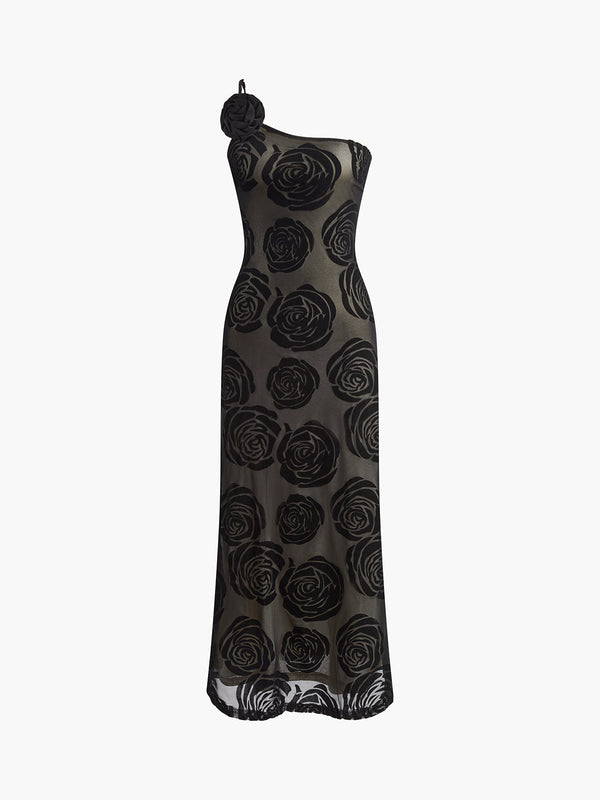 Asymmetrisches langes Kleid mit Jacquard-Blumenmuster 