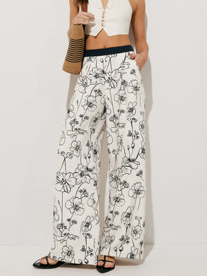 Floral Print Pockets Wide Leg Pants