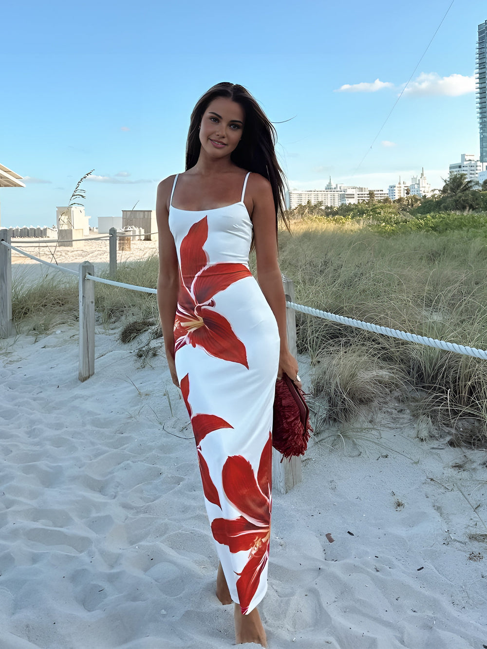 Floral Print Sleeveless Split Long Dress