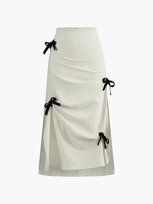 Cotton & Linen Bow Decor Split Midi Skirt