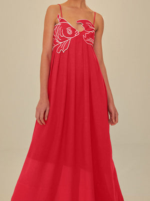 Embroidered Fish Spaghetti Strap Midi Dress