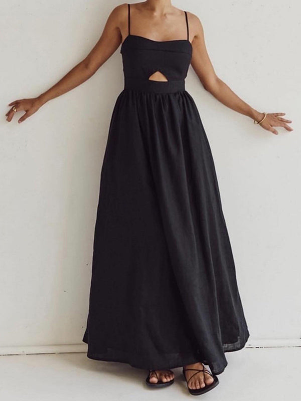 Cotton Sleeveless Pockets Cutout Long Dress