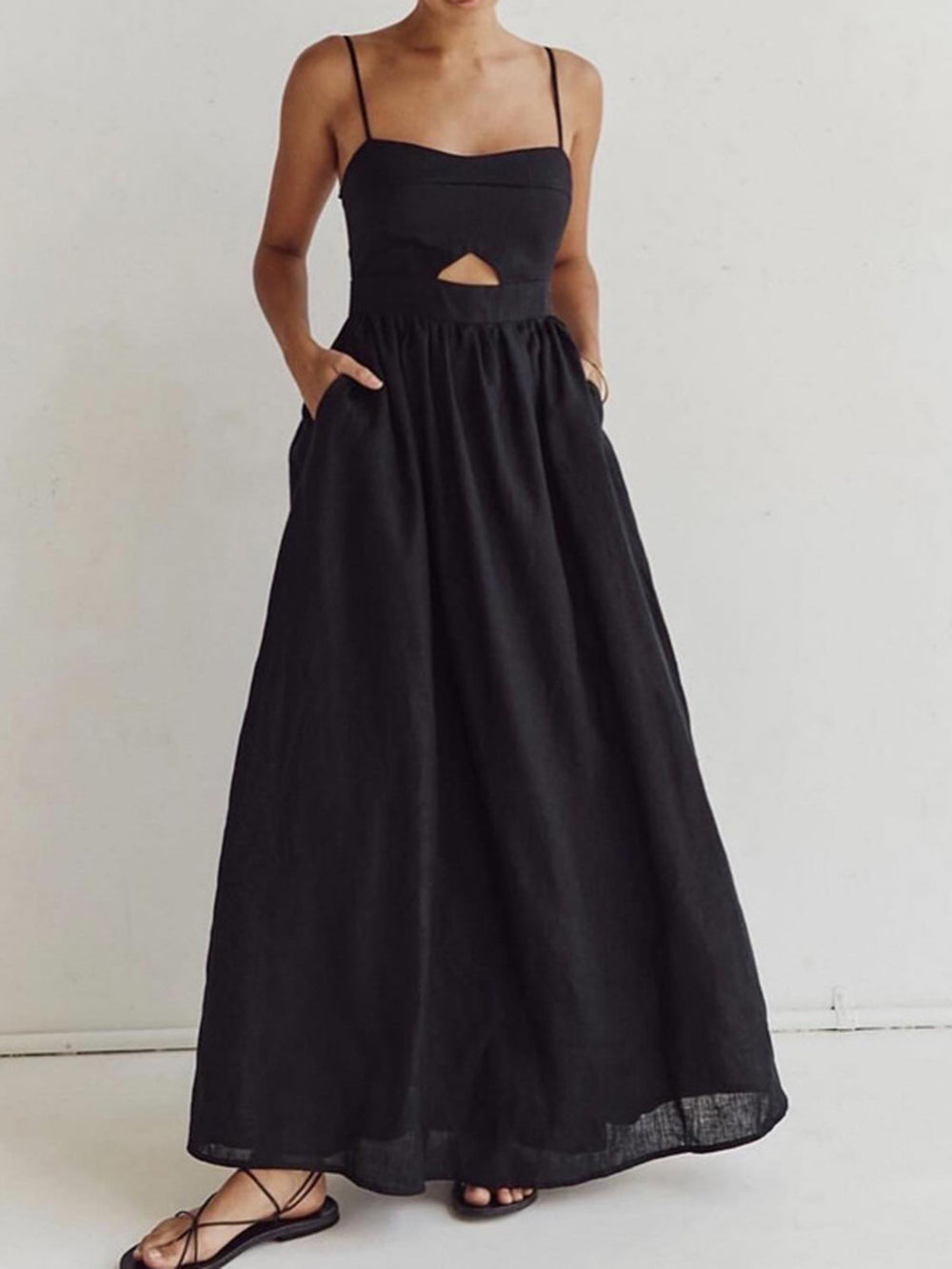 Cotton Sleeveless Pockets Cutout Long Dress