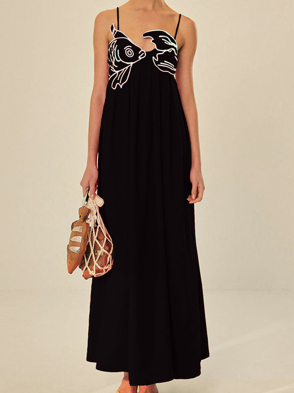 Embroidered Fish Spaghetti Strap Midi Dress