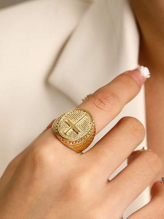 Retro Golden Textured Cross Ring