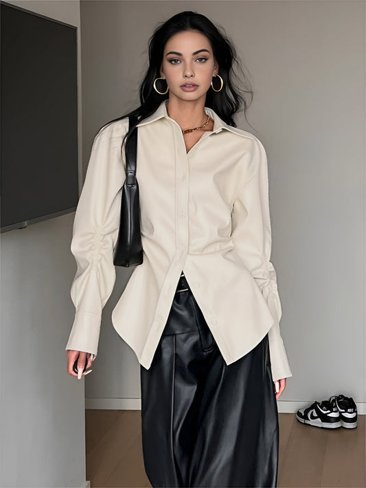 Lapel Pleated Faux Leather Jacket