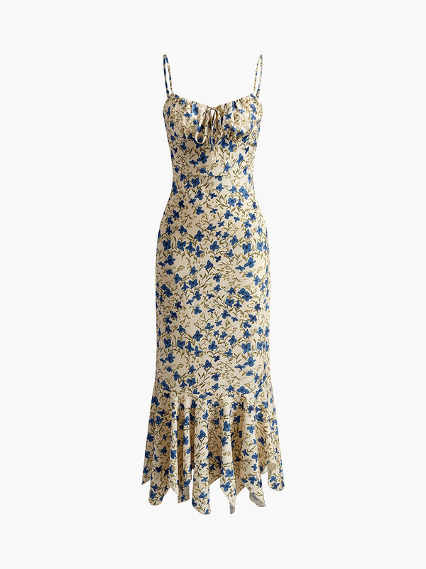 Floral Print Knotted Irregular Hem Long Dress