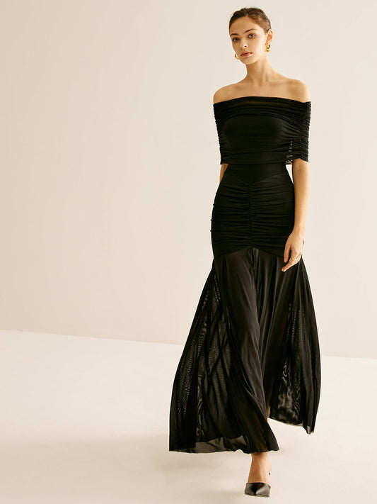 Pleated Mesh Tube Dress With Shawl