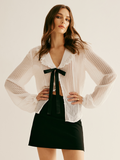 Ruffle Neck Pinstripe Semi-Sheer Shirt