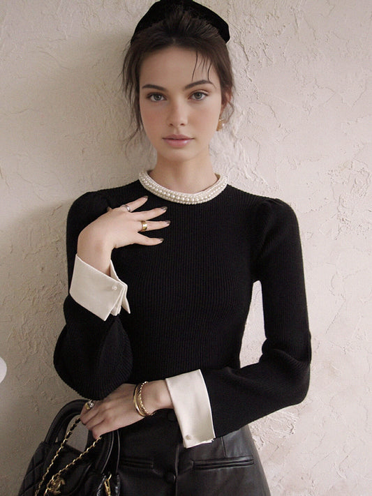 Contrast Trim Pearl-Detail Sweater