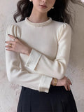 Contrast Trim Pearl-Detail Sweater