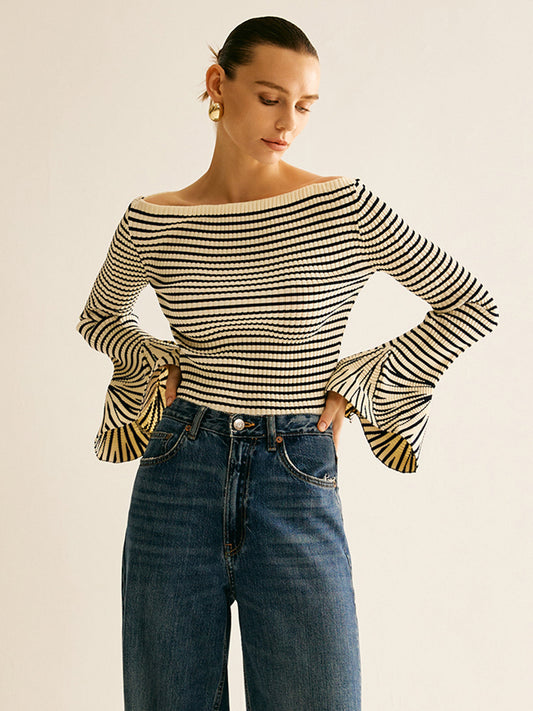 Cold-Shoulder Striped Ruffle-Sleeve Cardigan