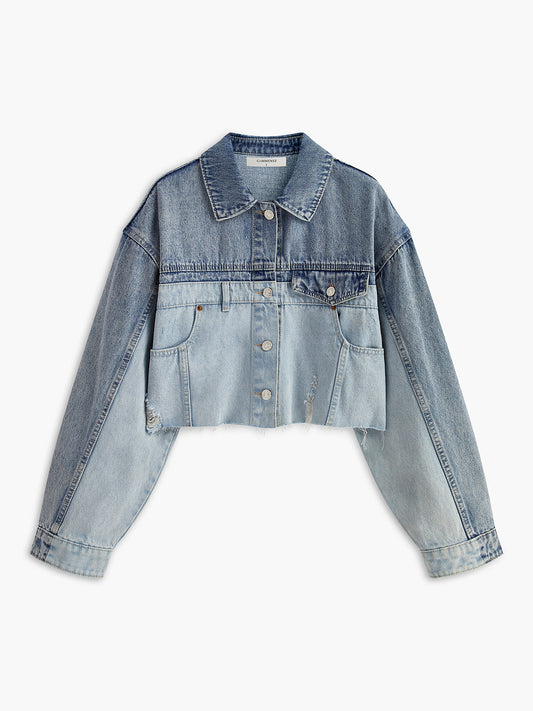 Two Tone Panel Crop Denim Jacket