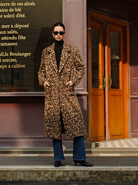 Manteau long en laine avec poches léopard