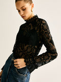 Lace Embroidery Floral Mock Neck Blouse