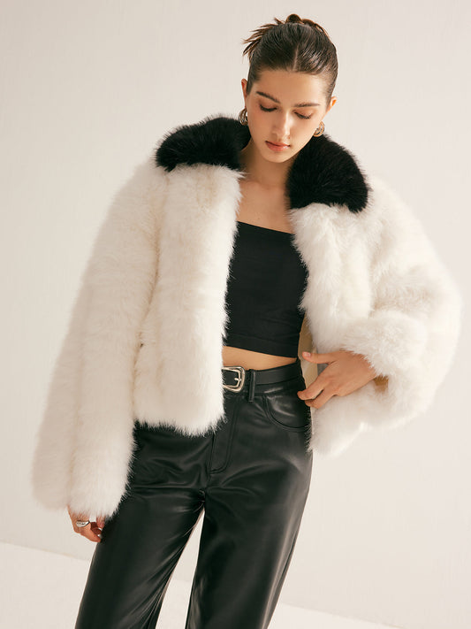 Contrast Collar Faux Fur Coat