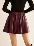 Elastic Waist Pleated PU Leather Skirt