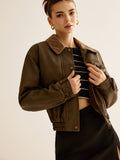 Corduroy-Collar PU Leather Jacket