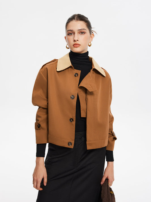 Vintage Contrast-Collar Button Trench Coat