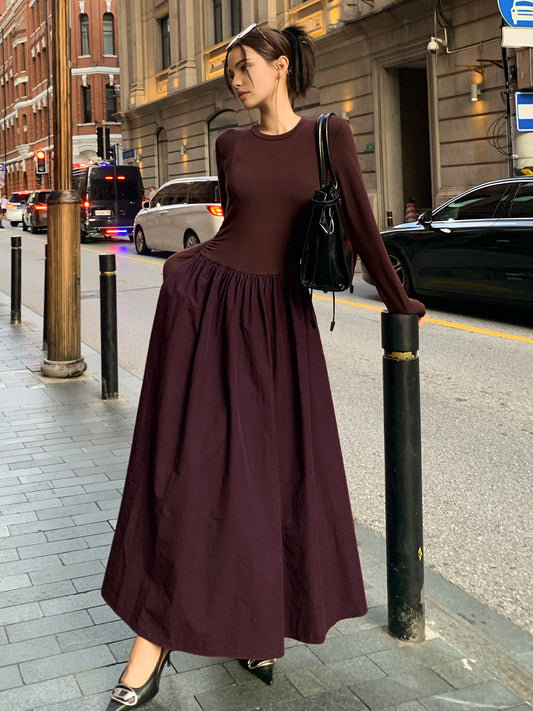 Plain Long Sleeve Pleated Dress