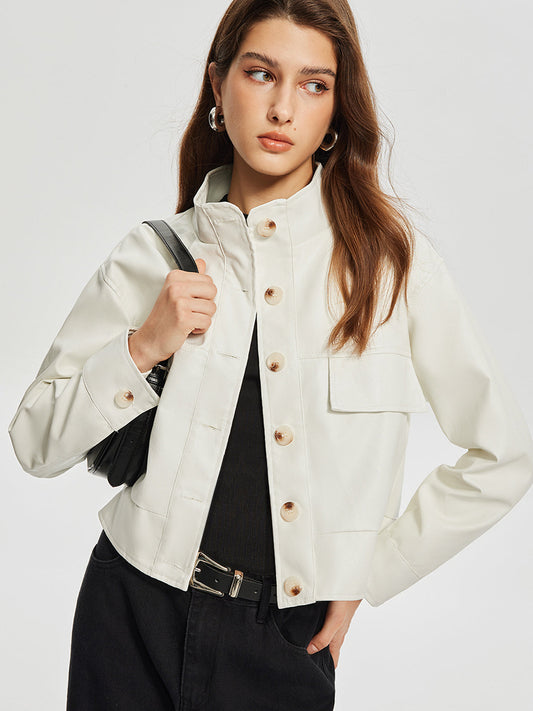 Stand Collar Button Faux Leather Trench Coat