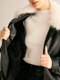 Fuzzy Collar Faux Leather Zipper Jacket