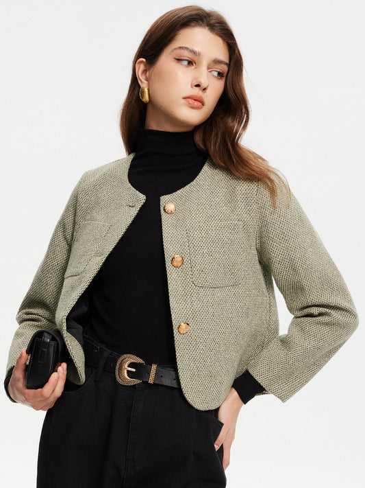 Round Neck Pockets Tweed Jacket