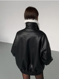 Fuzzy Collar Faux Leather Zipper Jacket