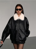 Fuzzy Collar Faux Leather Zipper Jacket