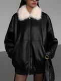 Fuzzy Collar Faux Leather Zipper Jacket